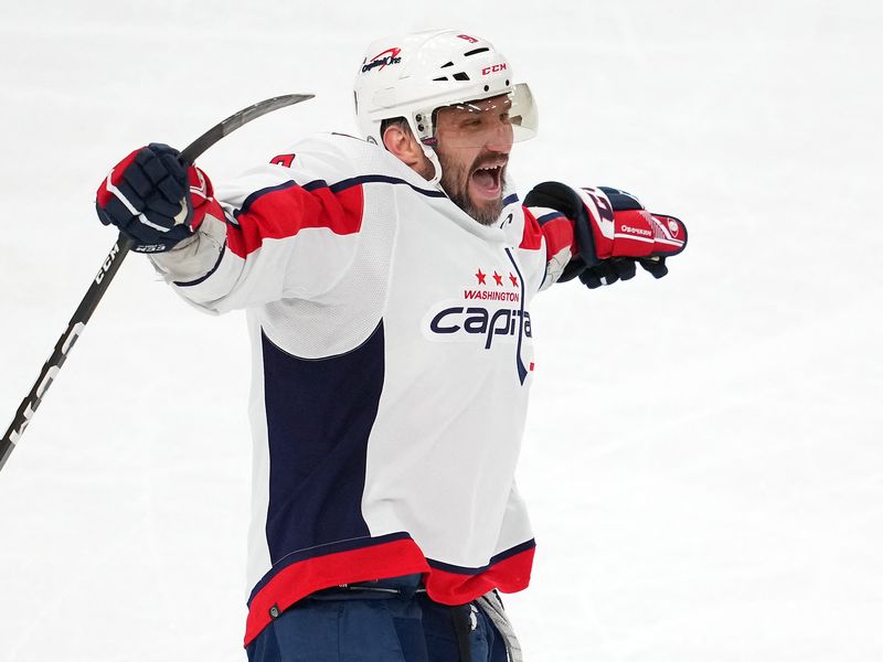 Apr 20, 2022; Las Vegas, Nevada, USA; Washington Capitals left wing Alex Ovechkin (8) celebrates after scoring his 50th goal of the season during the third period against the Vegas Golden Knights at T-Mobile Arena.