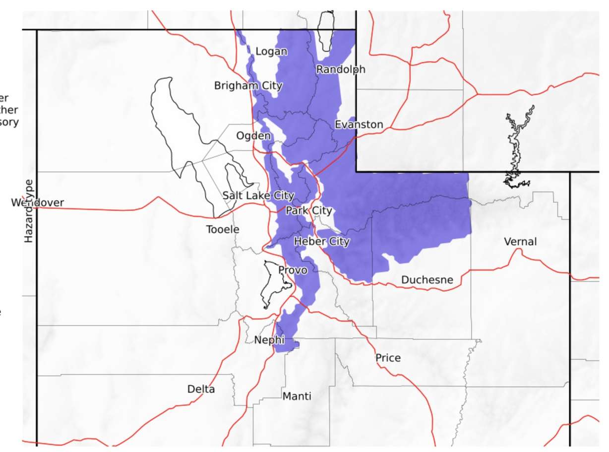 This map, created by the National Weather Service, shows where a winter weather advisory will be in effect Friday morning through noon Saturday. The storm is projected to provide up to or over a foot of snow in the northern Utah mountains.
