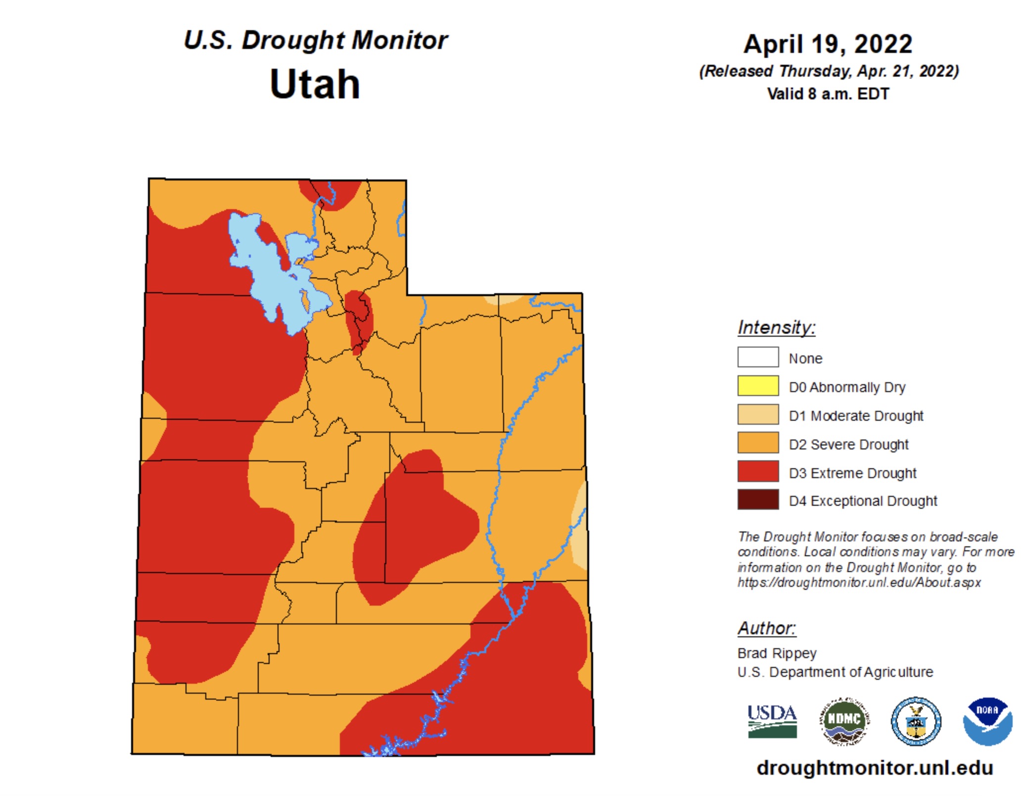 This map, published by the U.S. Drought Monitor Thursday, shows current drought conditions across Utah. Over 40% is listed in extreme drought conditions.