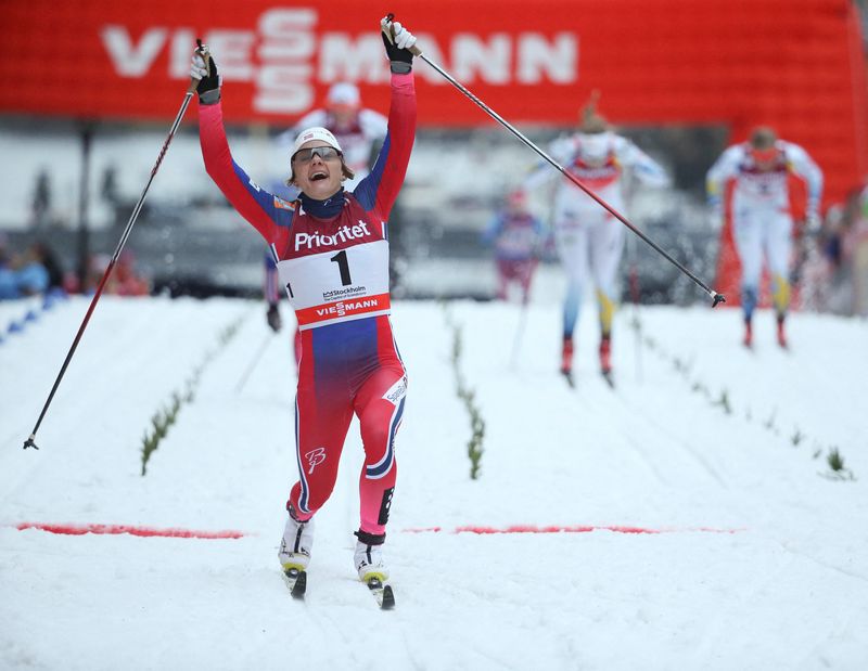 FILE PHOTO: Maiken Caspersen Falla of Norway celebrates after winning the final during women's World Cup classic Royal Palace sprint in central Stockholm, Sweden February 11, 2016.