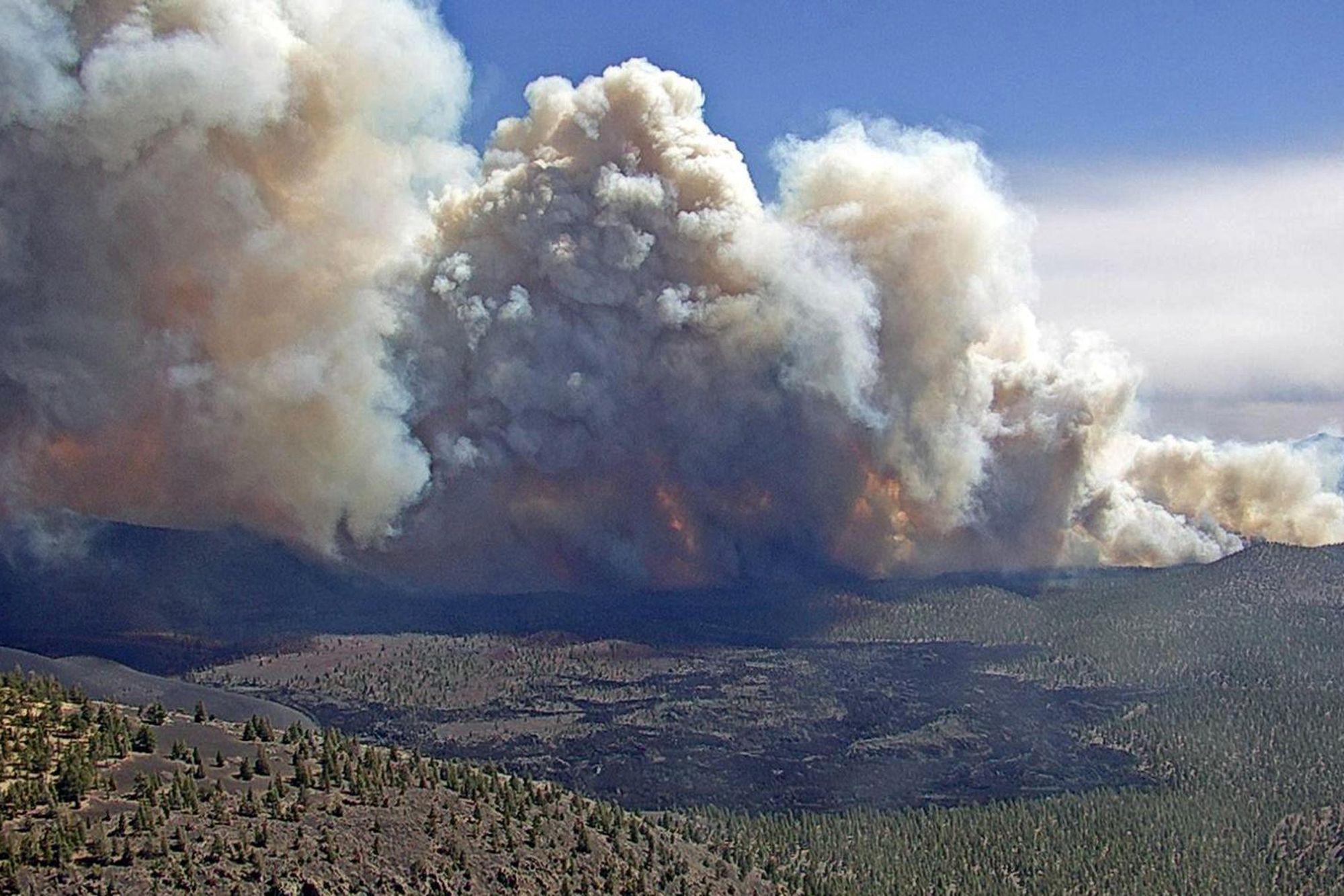 The Tunnel Fire burns near Flagstaff, Ariz., on Tuesday. An Arizona wildfire doubled in size overnight into Wednesday, a day after heavy winds kicked up a towering wall of flames outside a northern Arizona tourist and college town, ripping through two dozen structures and sending residents of more than 700 homes scrambling to flee.
