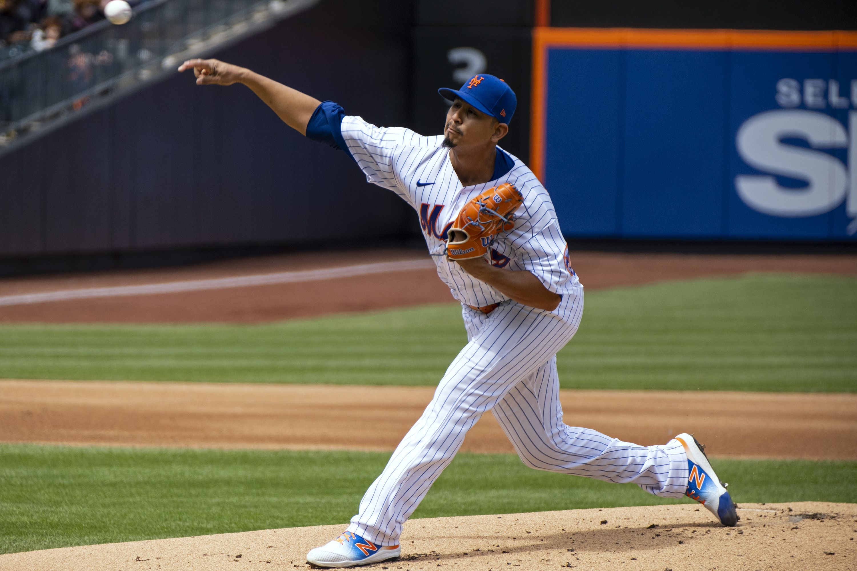 New York Mets' Carlos Carrasco pitches in the first inning during a baseball game against the San Francisco Giants on Thursday, April 21, 2022, in New York. 