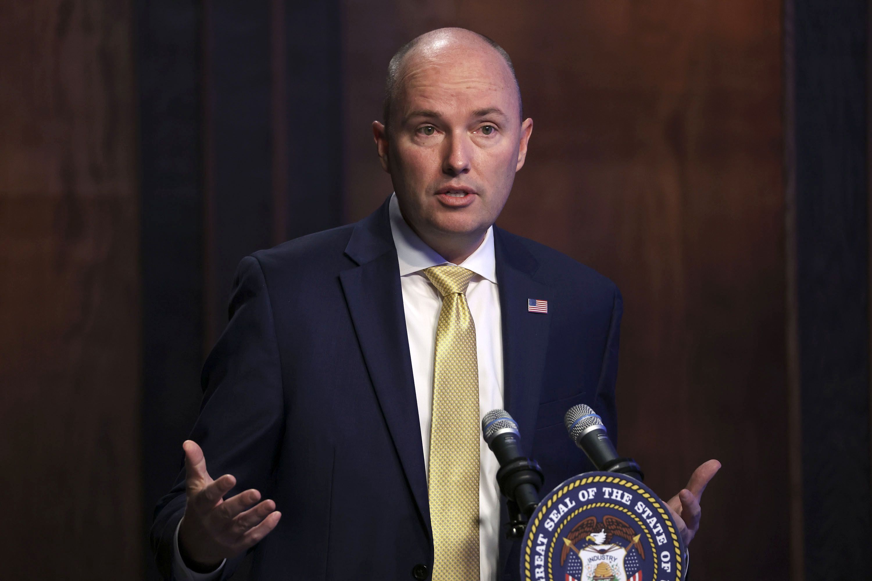 Gov. Spencer Cox speaks during his monthly news conference at PBS Utah at the Eccles Broadcast Center in Salt Lake City on Thursday. 