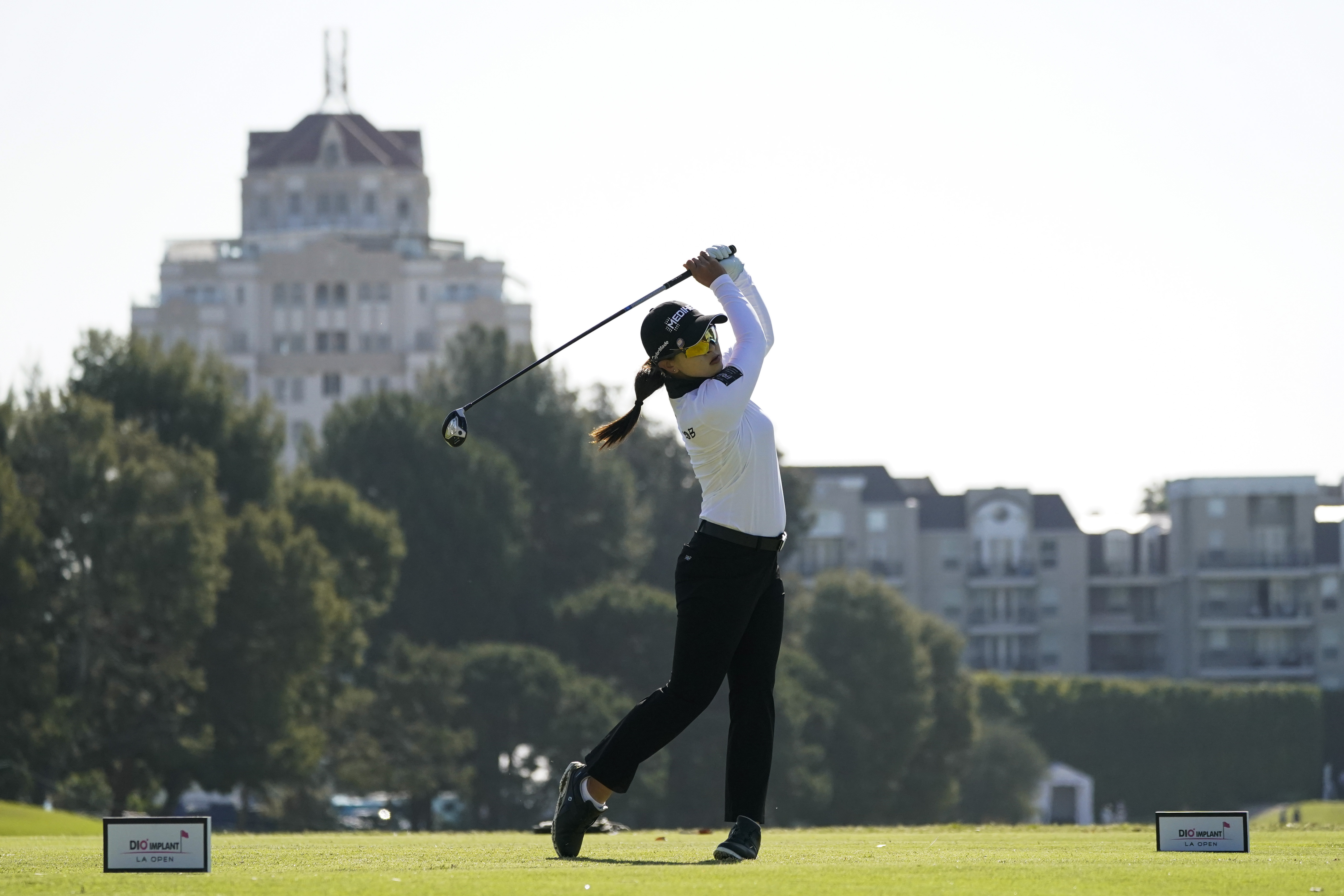 Sei Young Kim tees off at the 14th tee during the first round of LPGA's DIO Implant LA Open golf tournament at Wilshire Country Club on Thursday, April 21, 2022, in Los Angeles, Calif. 