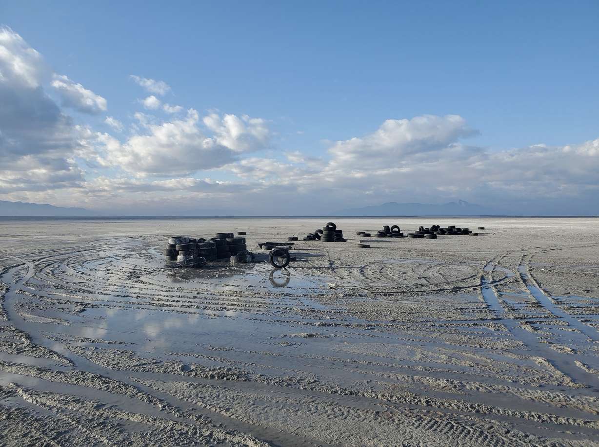 An undated photo of abandoned tires and tire tracks left by a dried section of the Great Salt Lake. A new bill that goes into effect May 4 clarifies that all motor vehicles are banned from dried lakebeds and navigable rivers in the state.