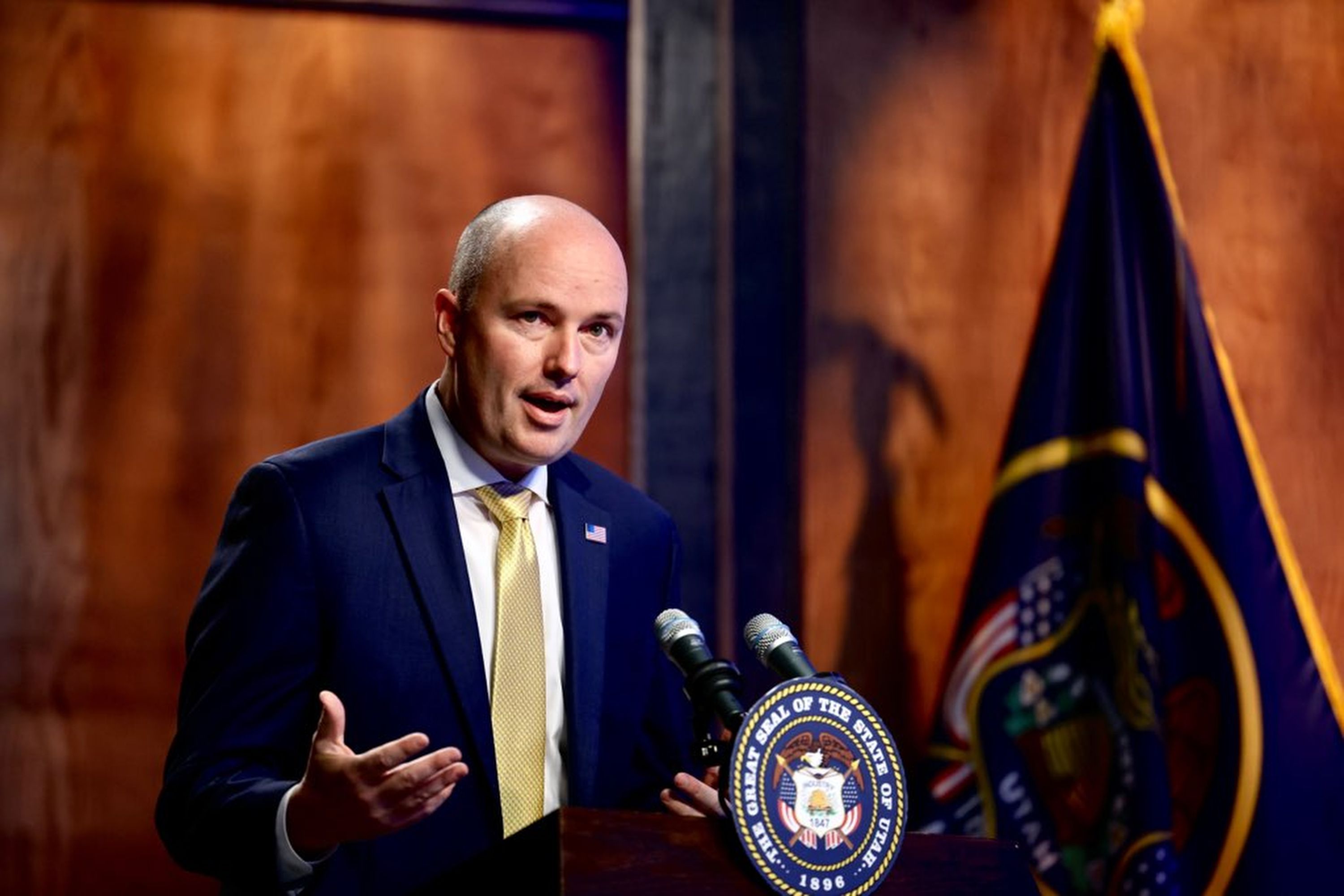 Gov. Spencer Cox speaks during his monthly news conference at PBS Utah at the Eccles Broadcast Center in Salt Lake City on Thursday.