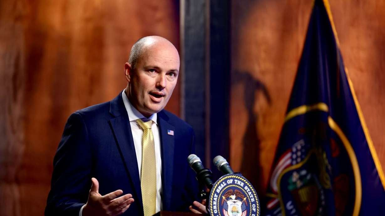 Gov. Spencer Cox speaks during his monthly news conference at PBS Utah at the Eccles Broadcast Center in Salt Lake City on Thursday.