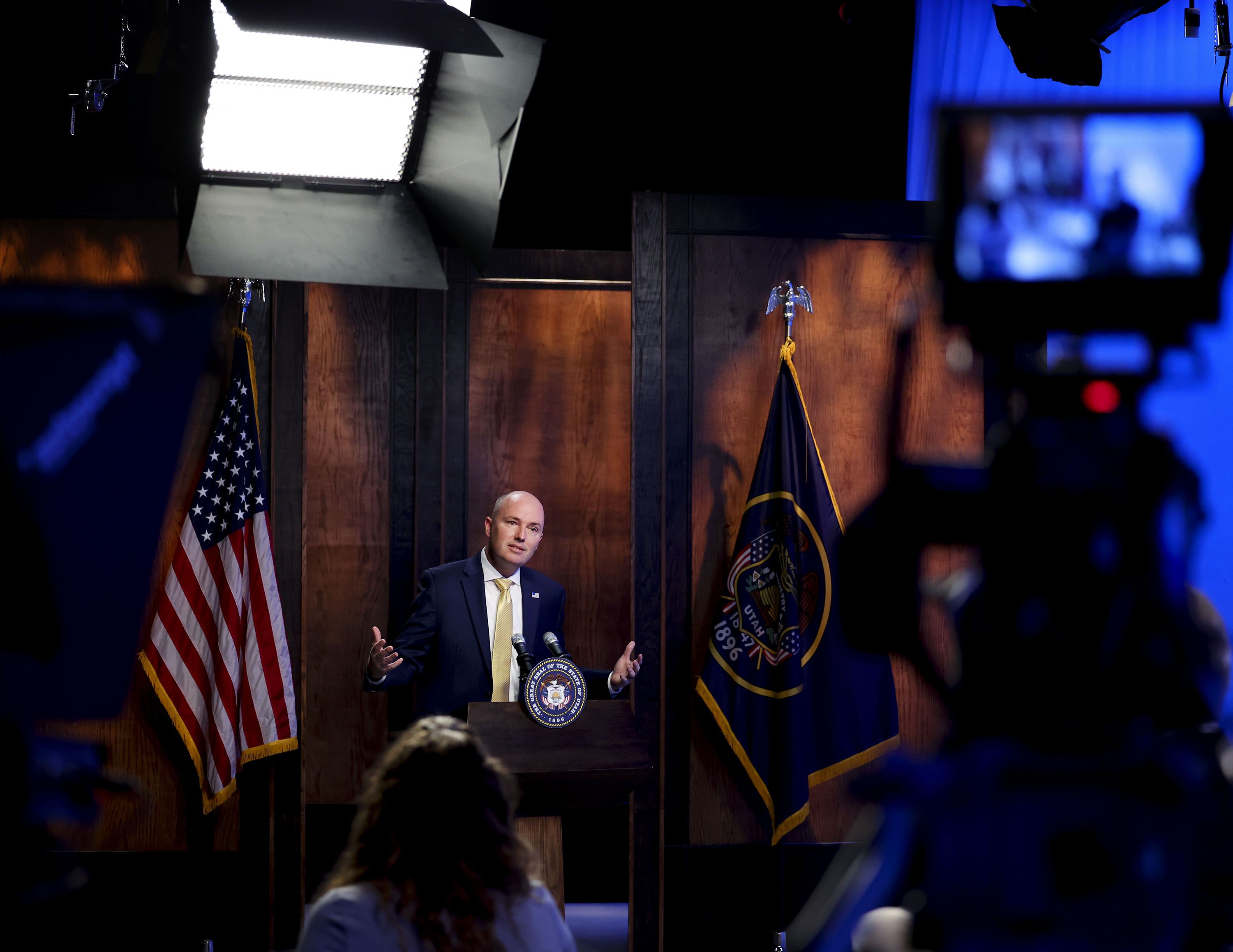 Gov. Spencer Cox speaks during his monthly news conference at PBS Utah at the Eccles Broadcast Center in Salt Lake City on Thursday.