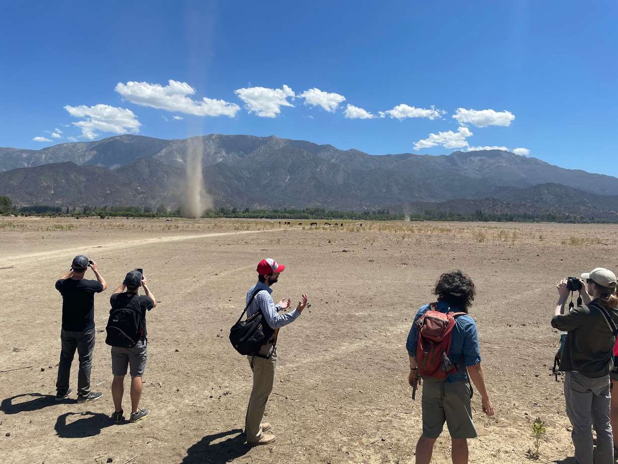 Researchers document a dust storm on the former Lake Aculeo in Chile in January 2022. The lake completely dried up in May 2018 due to drought, overpumping of groundwater, rapid population growth and agricultural as well as urban diversions. It serves as a cautionary tale for the dwindling Great Salt Lake.