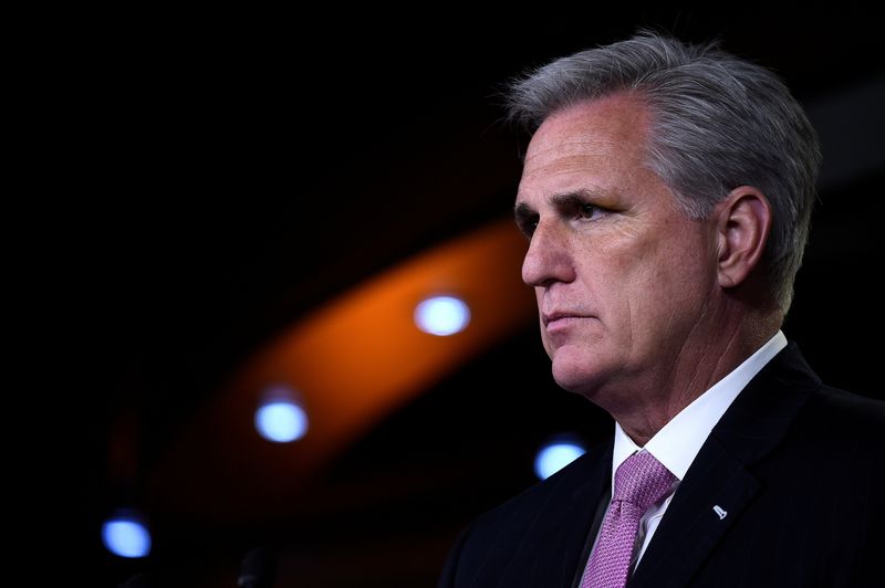 House Minority Leader Kevin McCarthy speaks to the media on Capitol Hill in Washington, D.C. May 2, 2019. New audio shows he would have urged former President Donald Trump to resign.
