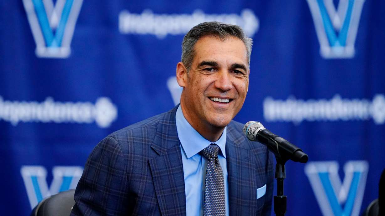Jay Wright speaks at a news conference about his resignation as NCAA college basketball coach at Villanova, in Villanova, Pa., Friday, April 22, 2022.