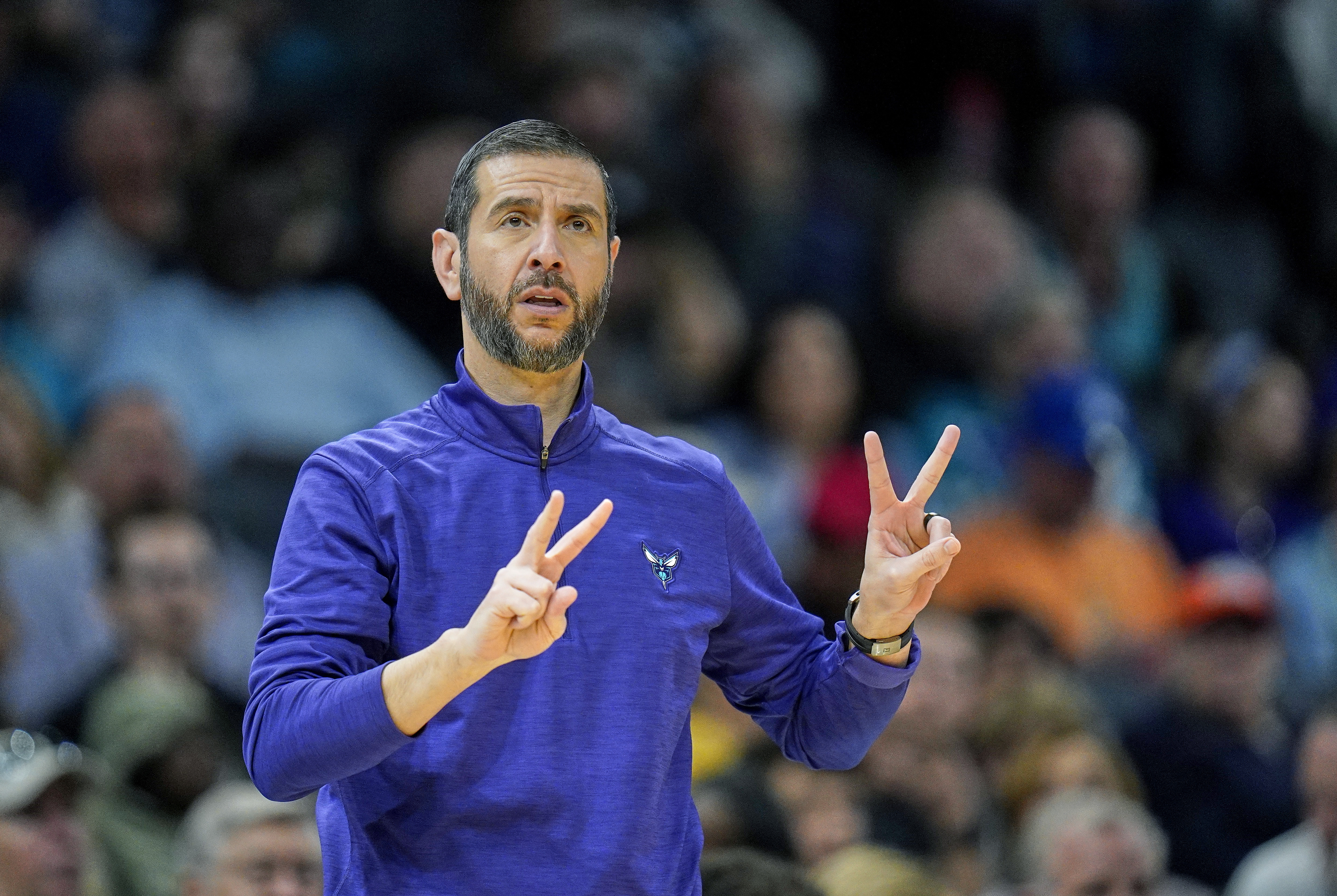 Charlotte Hornets head coach James Borrego calls a play during the first half of an NBA basketball game against the Washington Wizards on Sunday, April 10, 2022, in Charlotte, N.C. 