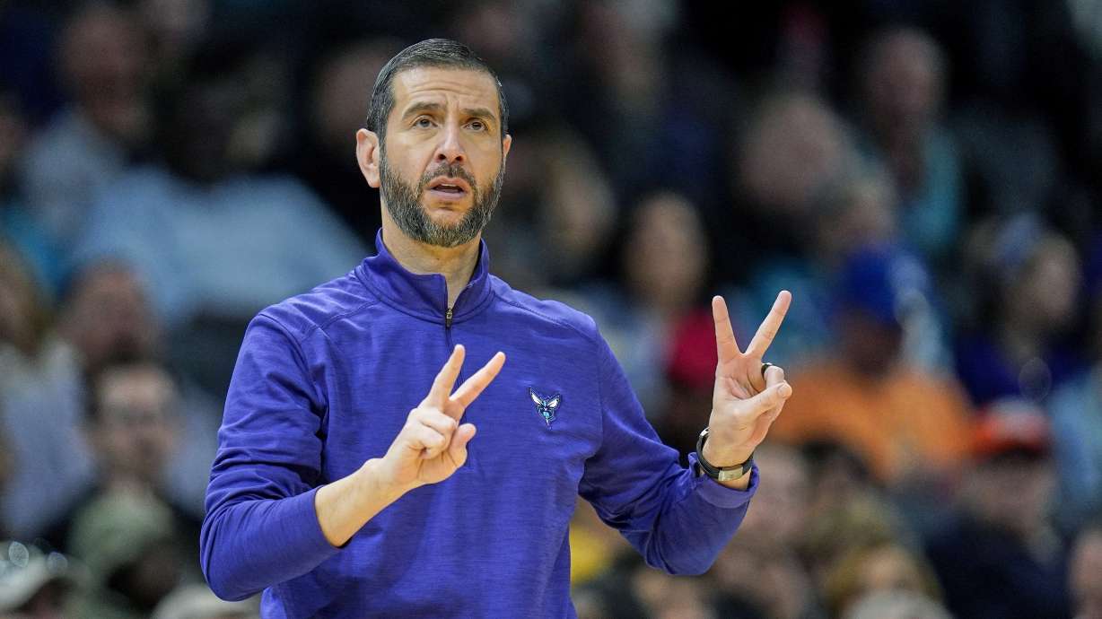 Charlotte Hornets head coach James Borrego calls a play during the first half of an NBA basketball game against the Washington Wizards on Sunday, April 10, 2022, in Charlotte, N.C.