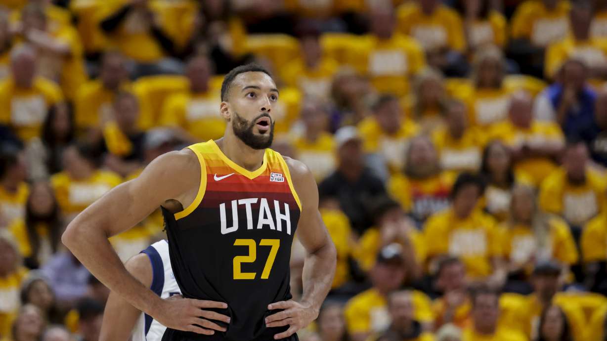 Utah Jazz center Rudy Gobert (27) looks at the Utah Jazz and Dallas Mavericks play at Game 3 of an NBA basketball first-round playoff series at Vivint Arena in Salt Lake City on Thursday, April 21, 2022.