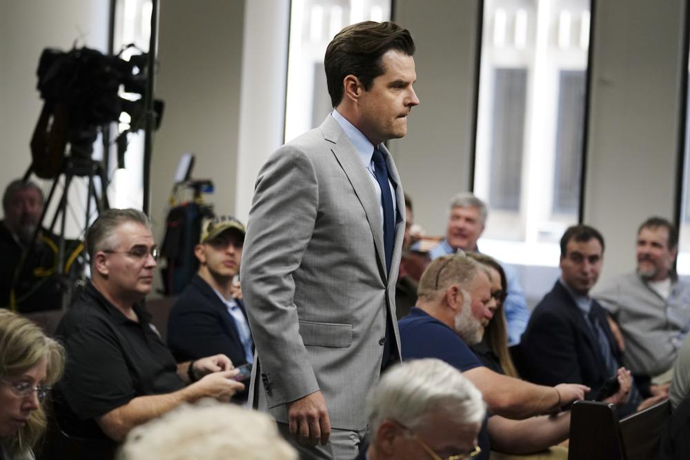 Republican Rep. Matt Gaetz, R-Fla., walks in the courtroom ahead of U.S. Rep. Marjorie Taylor Greene hearing, Friday, in Atlanta. Taylor Greene appeared at a hearing Friday in Atlanta in a challenge filed by voters who say she shouldn't be allowed to seek reelection because she helped facilitate the attack on the Capitol that disrupted certification of Joe Biden's presidential victory.