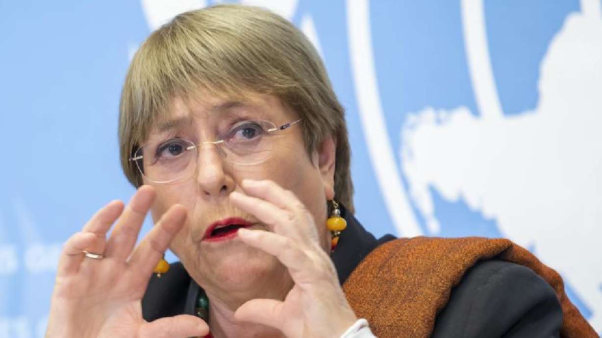 Michelle Bachelet, UN High Commissioner for Human Rights, speaks about the Tigray region of Ethiopia at the European headquarters of the United Nations in Geneva, Switzerland, Nov. 3, 2021. The United Nations' human rights office on Friday set out what it calls growing evidence of war crimes since the Russian invasion of Ukraine.
