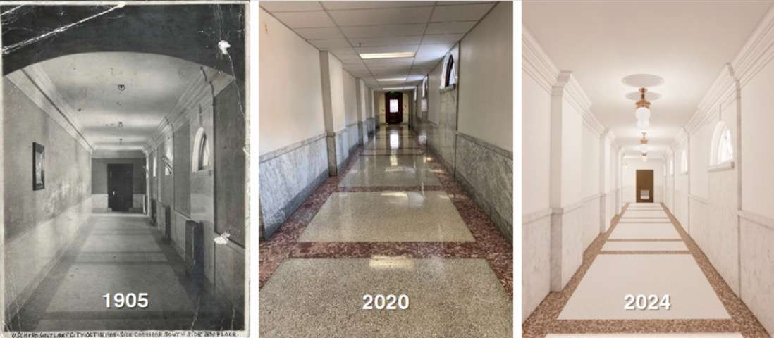 The hallways of the Frank E. Moss in 1905 and 2020 compared to what is planned for the building's modernization in 2024.