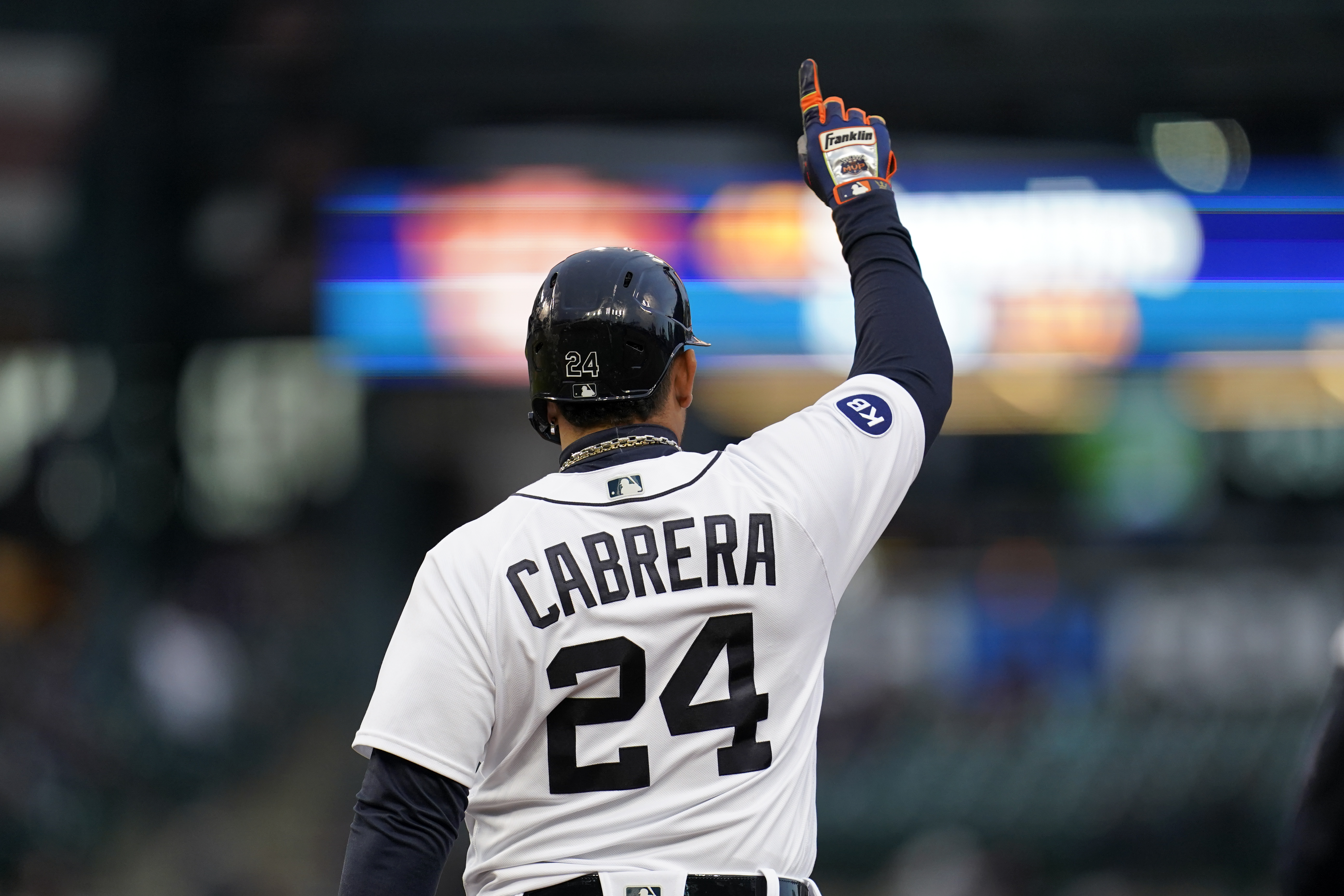 Detroit Tigers' Miguel Cabrera reacts to hitting a single against the New York Yankees in the fourth inning of a baseball game in Detroit, Wednesday, April 20, 2022. 