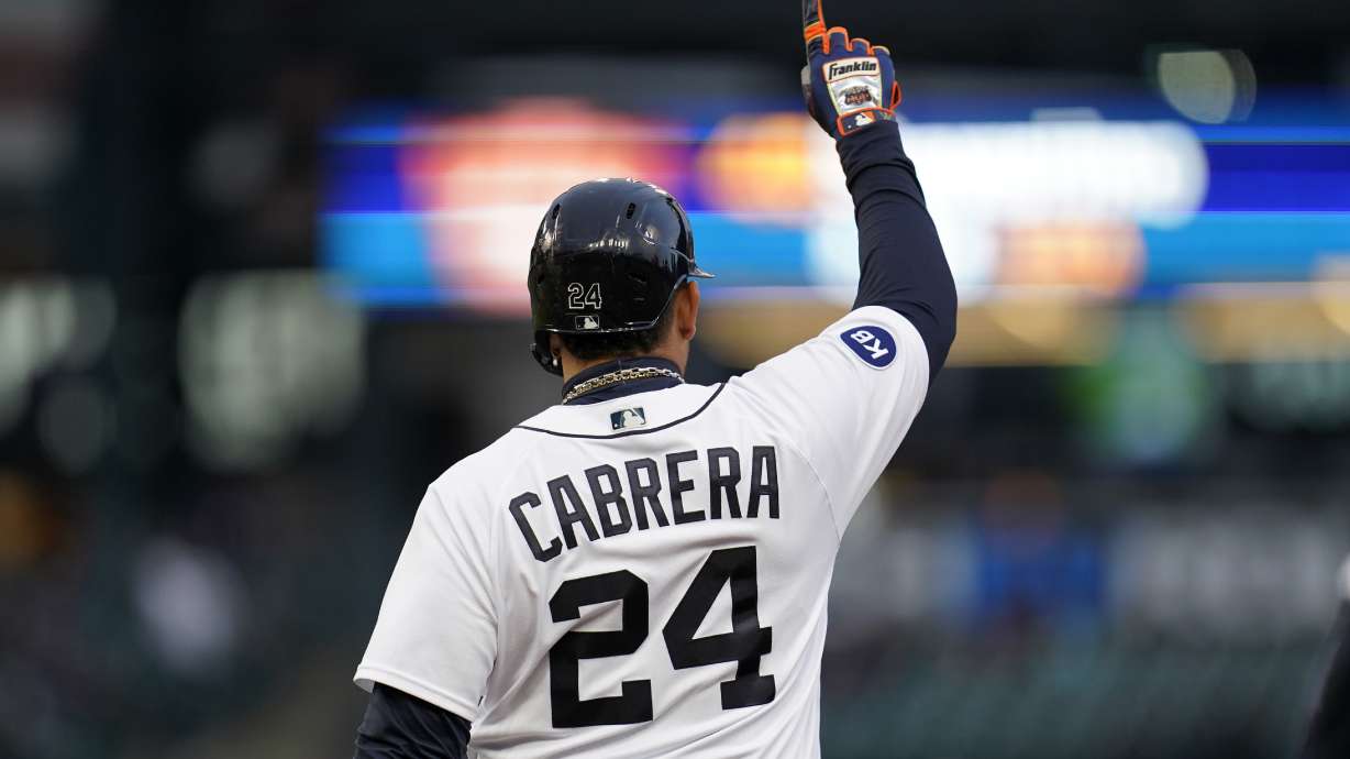 Detroit Tigers' Miguel Cabrera reacts to hitting a single against the New York Yankees in the fourth inning of a baseball game in Detroit, Wednesday, April 20, 2022.