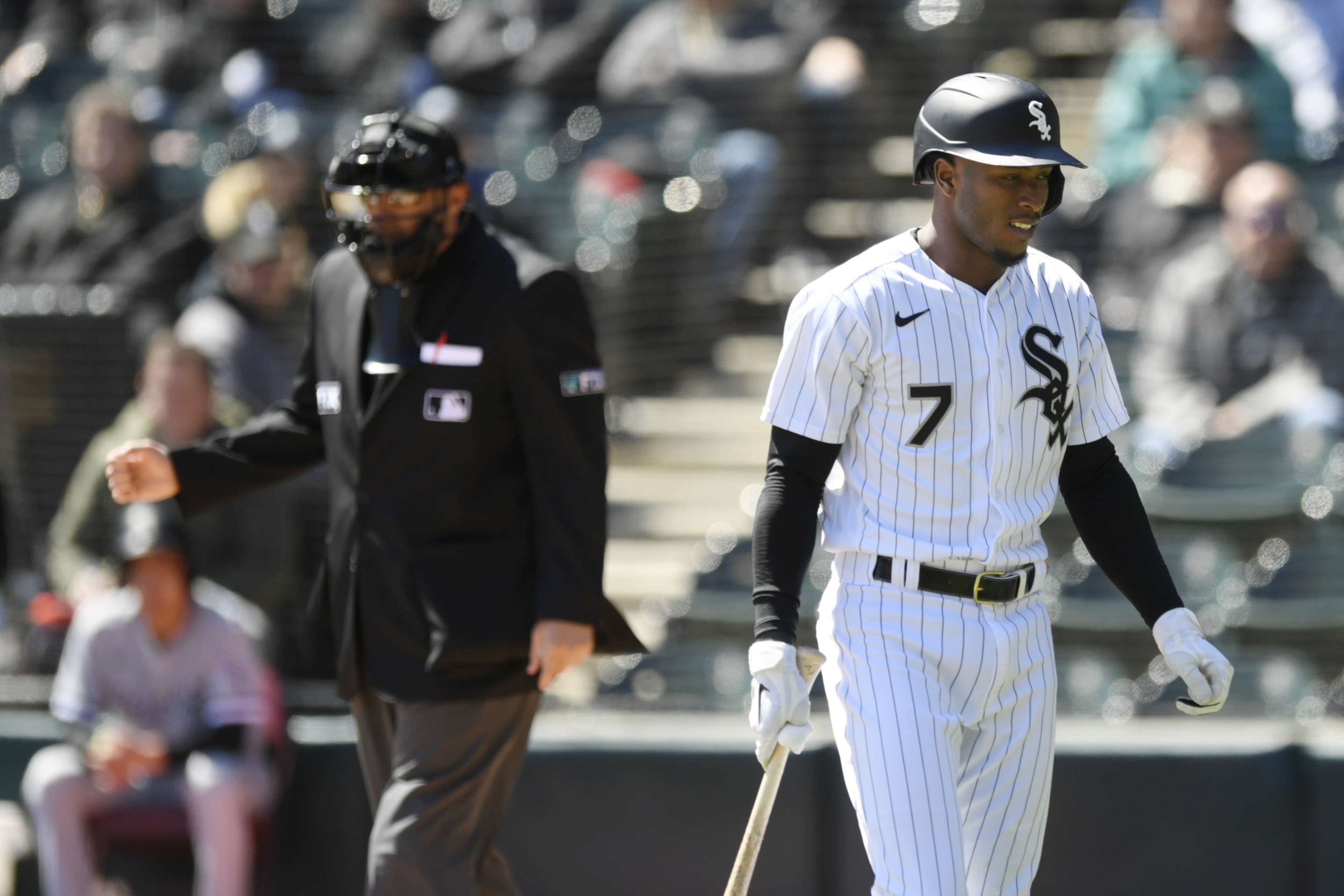 Chicago White Sox's Tim Anderson walks away after striking out during the first inning of the team's baseball game against the Seattle Mariners on Thursday, April 14, 2022, in Chicago. The Mariners won 5-1. 