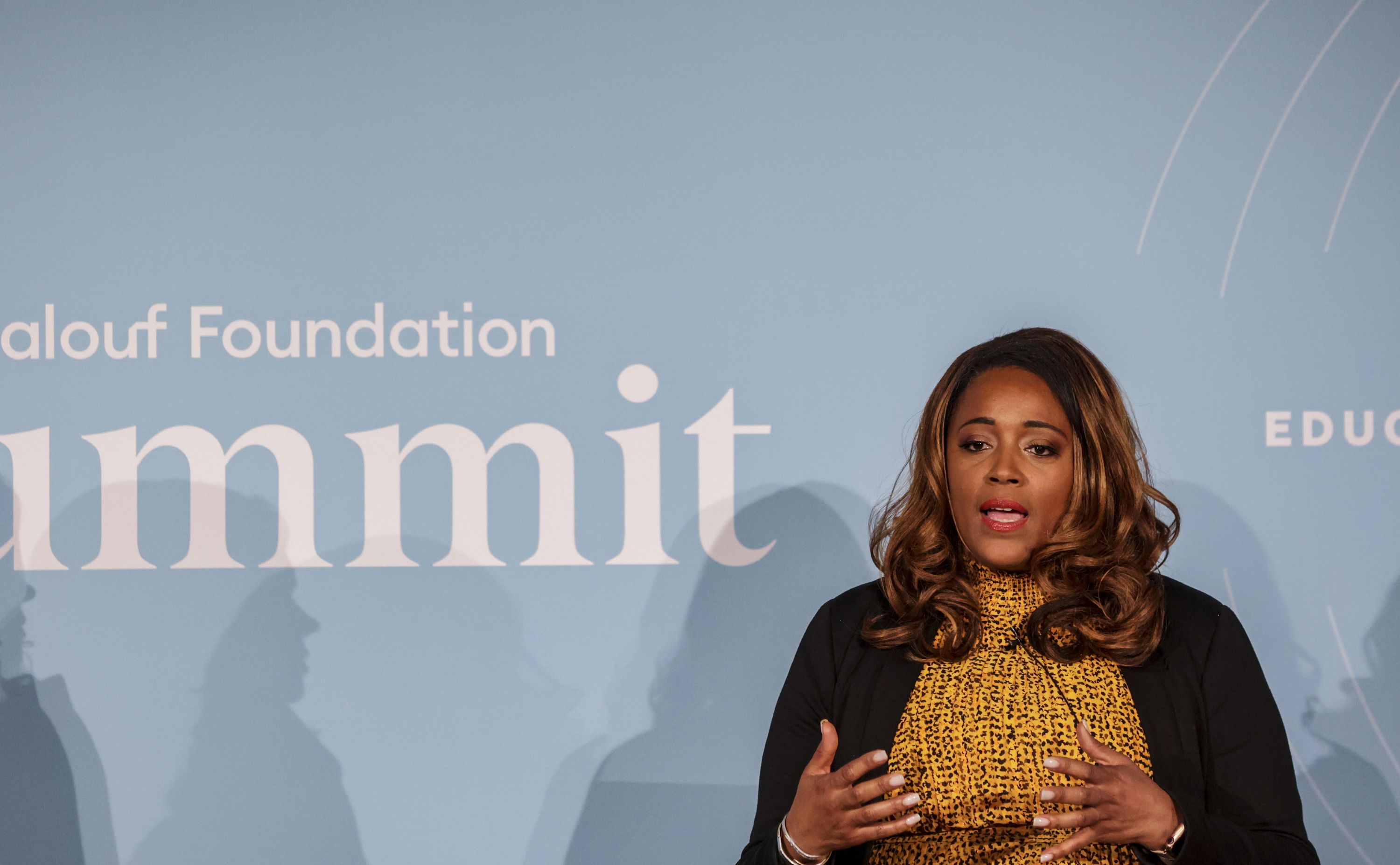 Tanya Gould, a human trafficking survivor and director of the anti-human trafficking office at the Virginia Attorney General’s Office, speaks during a Malouf Foundation summit on child sexual exploitation held at the Utah Museum of Contemporary Art in Salt Lake City on Friday.