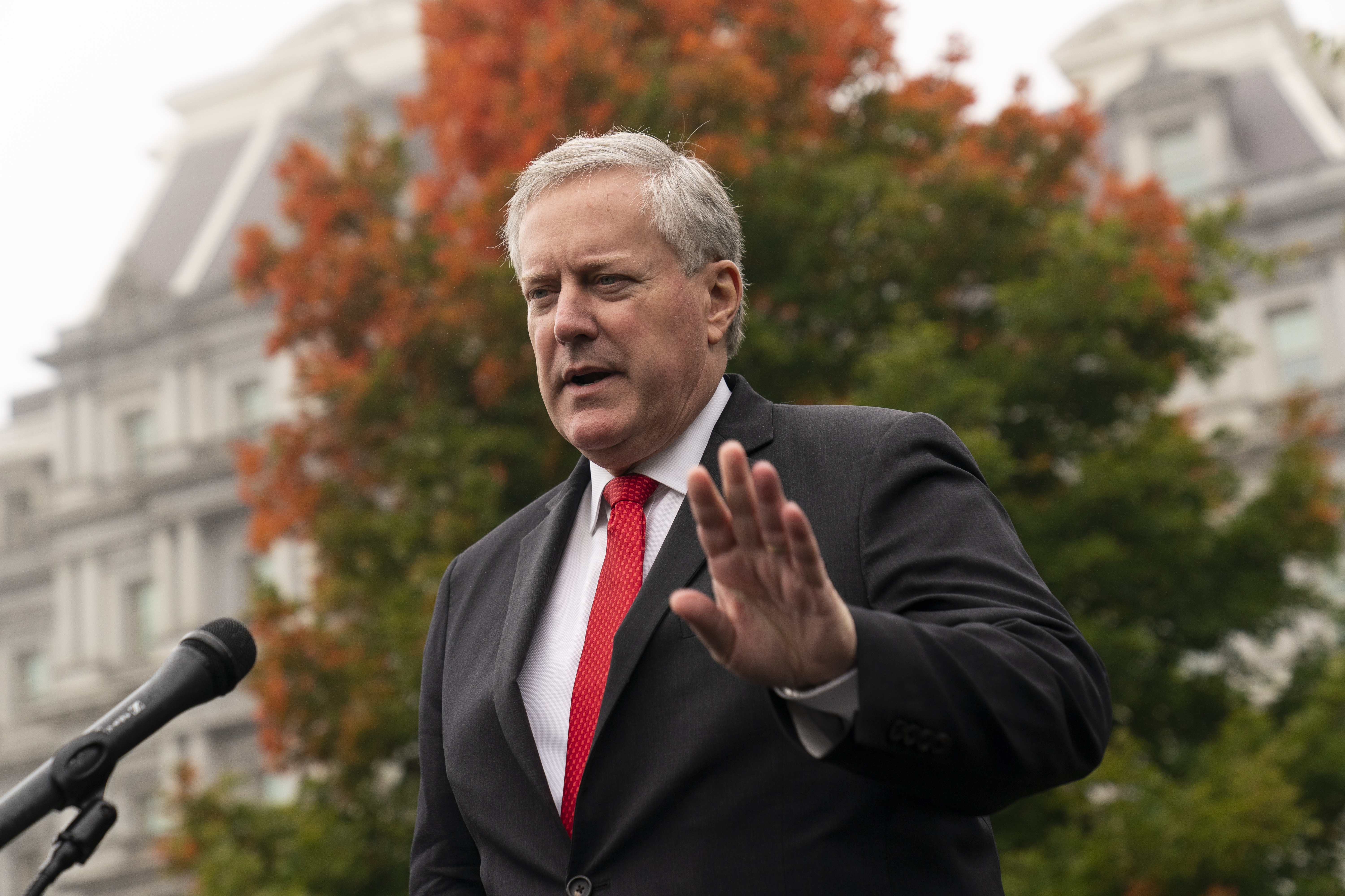 White House chief of staff Mark Meadows speaks with reporters at the White House, Oct. 21, 2020, in Washington. A former White House official told the House committee investigating the Jan. 6, 2021, insurrection at the U.S. Capitol that President Donald Trump's chief of staff, Mark Meadows, had been advised of intelligence reports showing the potential for violence that day, according to transcripts released late Friday night. 