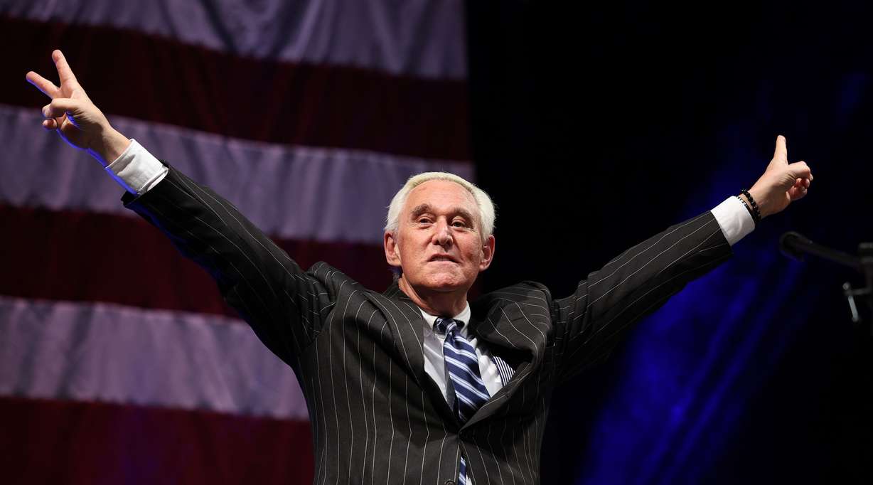 Roger Stone, a conservative political consultant and lobbyist, acknowledges the applause from the crowd at a rally for 3rd District candidate Jason Preston at Thanksgiving Point in Lehi on Friday.