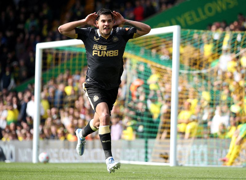 Soccer Football - Premier League - Norwich City v Newcastle United - Carrow Road, Norwich, Britain - April 23, 2022 Newcastle United's Bruno Guimaraes celebrates scoring their third goal