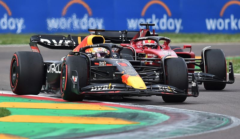 Formula One F1 - Emilia Romagna Grand Prix - Autodromo Enzo e Dino Ferrari, Imola, Italy - April 23, 2022 Red Bull's Max Verstappen and Ferrari's Charles Leclerc in action during the sprint race
