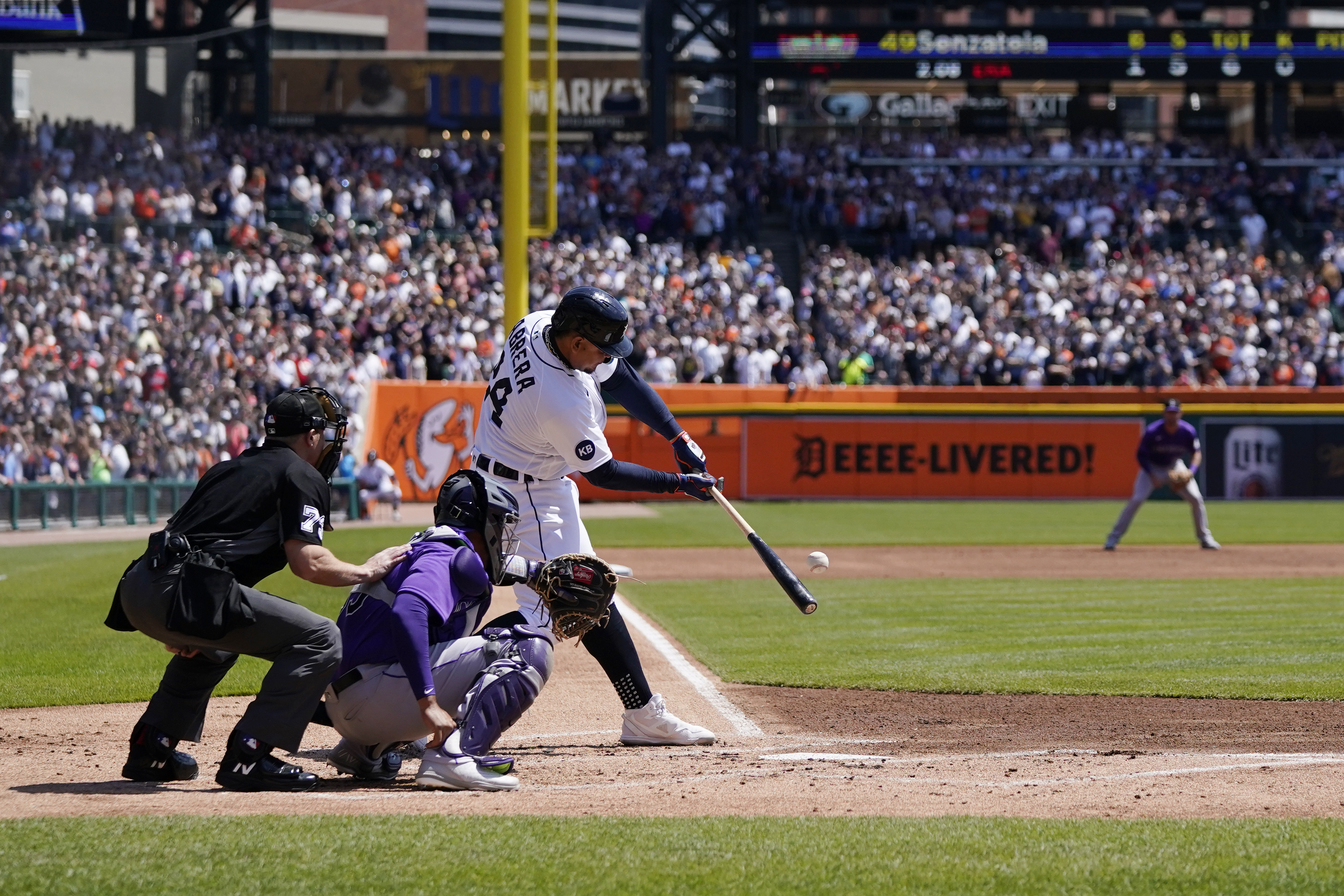 Detroit Tigers designated hitter Miguel Cabrera connects for his 3,000th hit during the first inning of the first baseball game of a doubleheader against the Colorado Rockies, Saturday, April 23, 2022, in Detroit. 