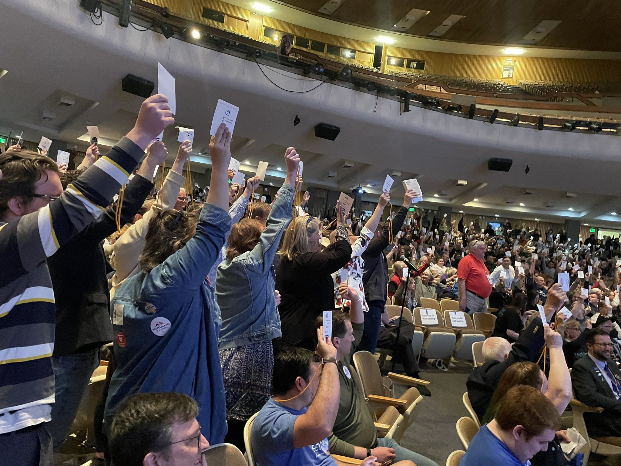 Utah Democratic Party delegates cast their votes during the party’s state convention at Cottonwood High School in Murray, Utah on Saturday.