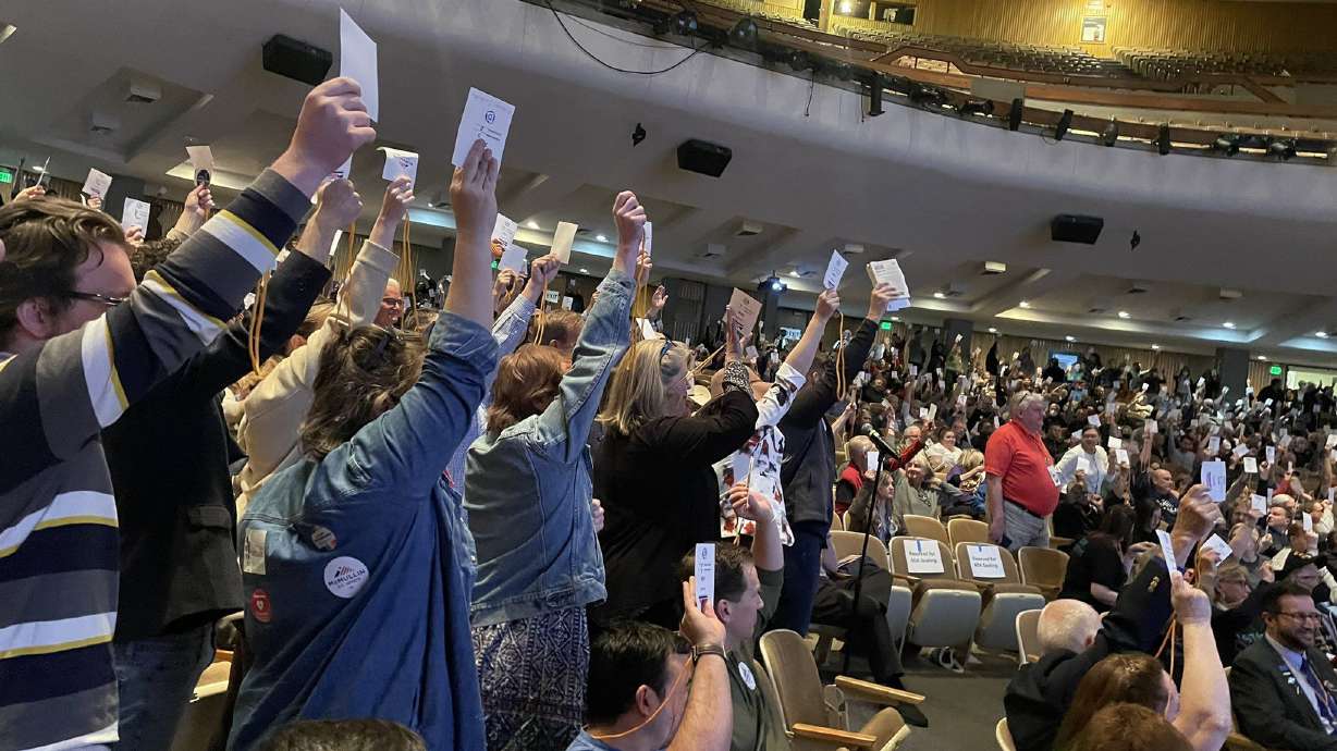 Utah Democratic Party delegates cast their votes during the party’s state convention at Cottonwood High School in Murray, Utah on Saturday.