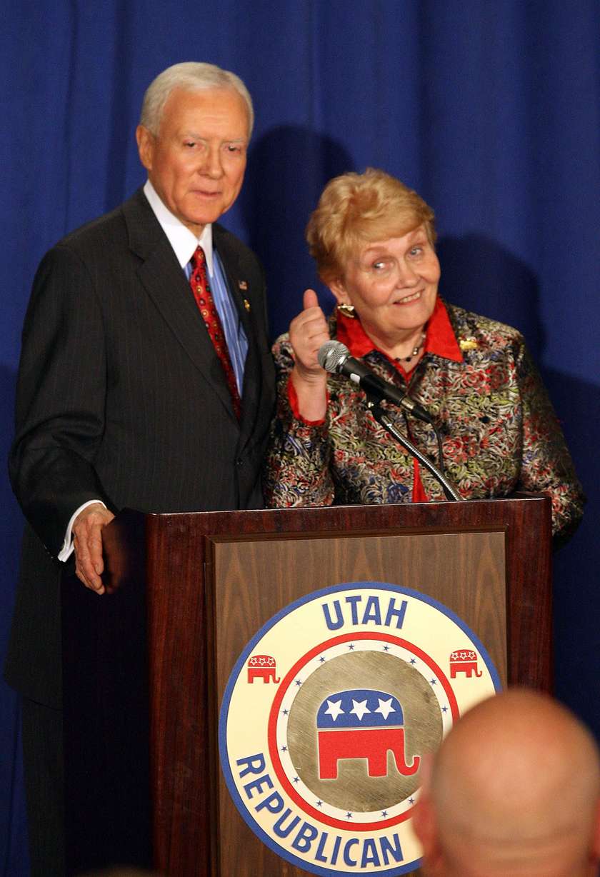 Sen. Orrin Hatch, R-Utah, and his wife, Elaine, address the crowd as Republicans gather at the Hilton Hotel to watch returns roll in on election night, Nov. 8, 2006, in Salt Lake City.
