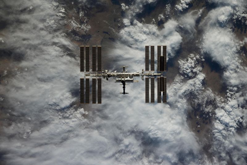 The International Space Station is photographed by Expedition 66 crew member Roscosmos cosmonaut Pyotr Dubrov from the Soyuz MS-19 spacecraft, in this image released April 20.
