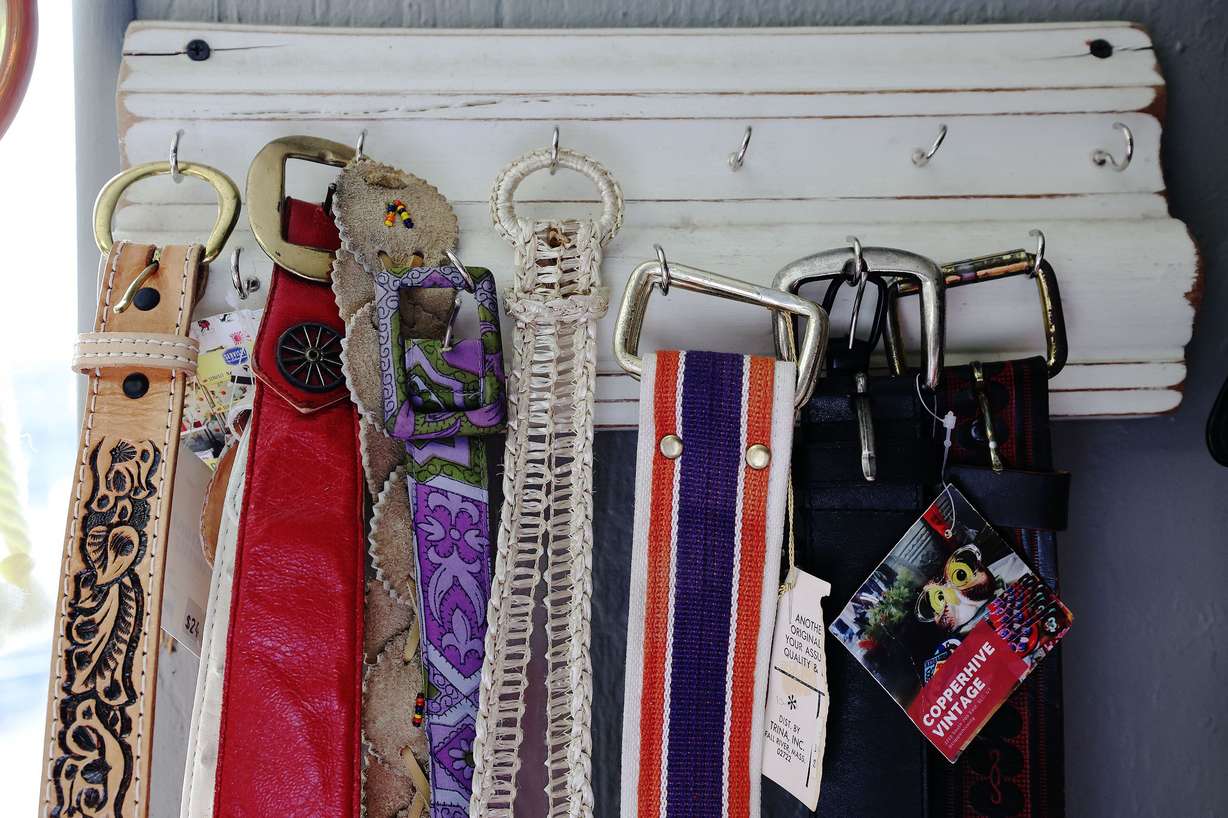 Vintage belts for sale at Copperhive Vintage in Salt Lake City are pictured on April 14.