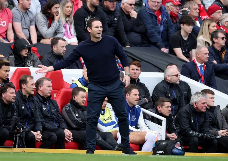 Soccer Football - Premier League - Liverpool v Everton - Anfield, Liverpool, Britain - April 24, 2022  Everton manager Frank Lampard reacts