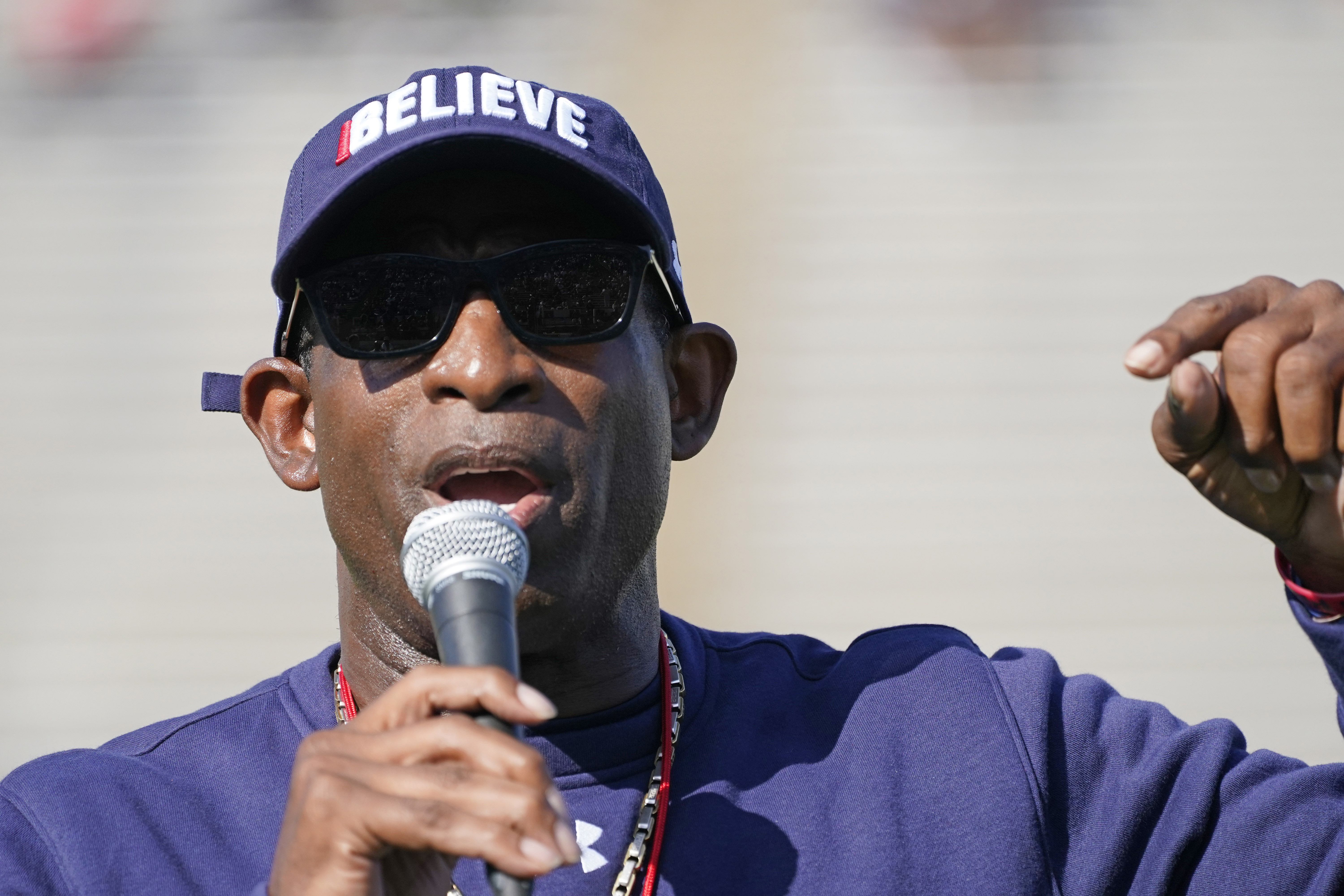 Jackson State football coach Deion Sanders speaks to the fans prior to the Jackson State's Blue and White Spring football game, an NCAA college football contest, Sunday, April 24, 2022, in Jackson, Miss. 
