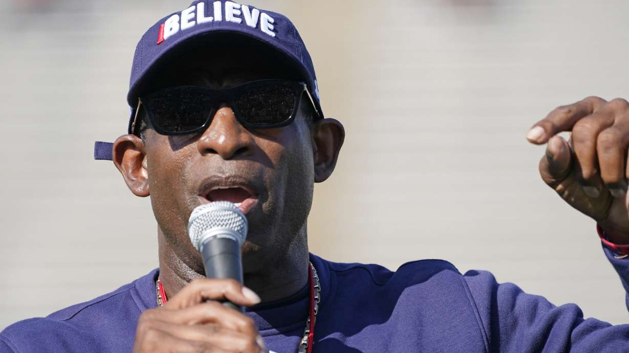 Jackson State football coach Deion Sanders speaks to the fans prior to the Jackson State's Blue and White Spring football game, an NCAA college football contest, Sunday, April 24, 2022, in Jackson, Miss.