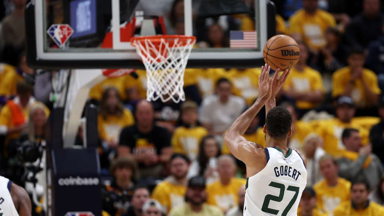 Utah Jazz center Rudy Gobert (27) shoots a free throw as the Utah Jazz and the Dallas Mavericks play Game 4 of their NBA playoff series at Vivint Arena in Salt Lake City on Saturday, April 23, 2022. Utah won 100-99.