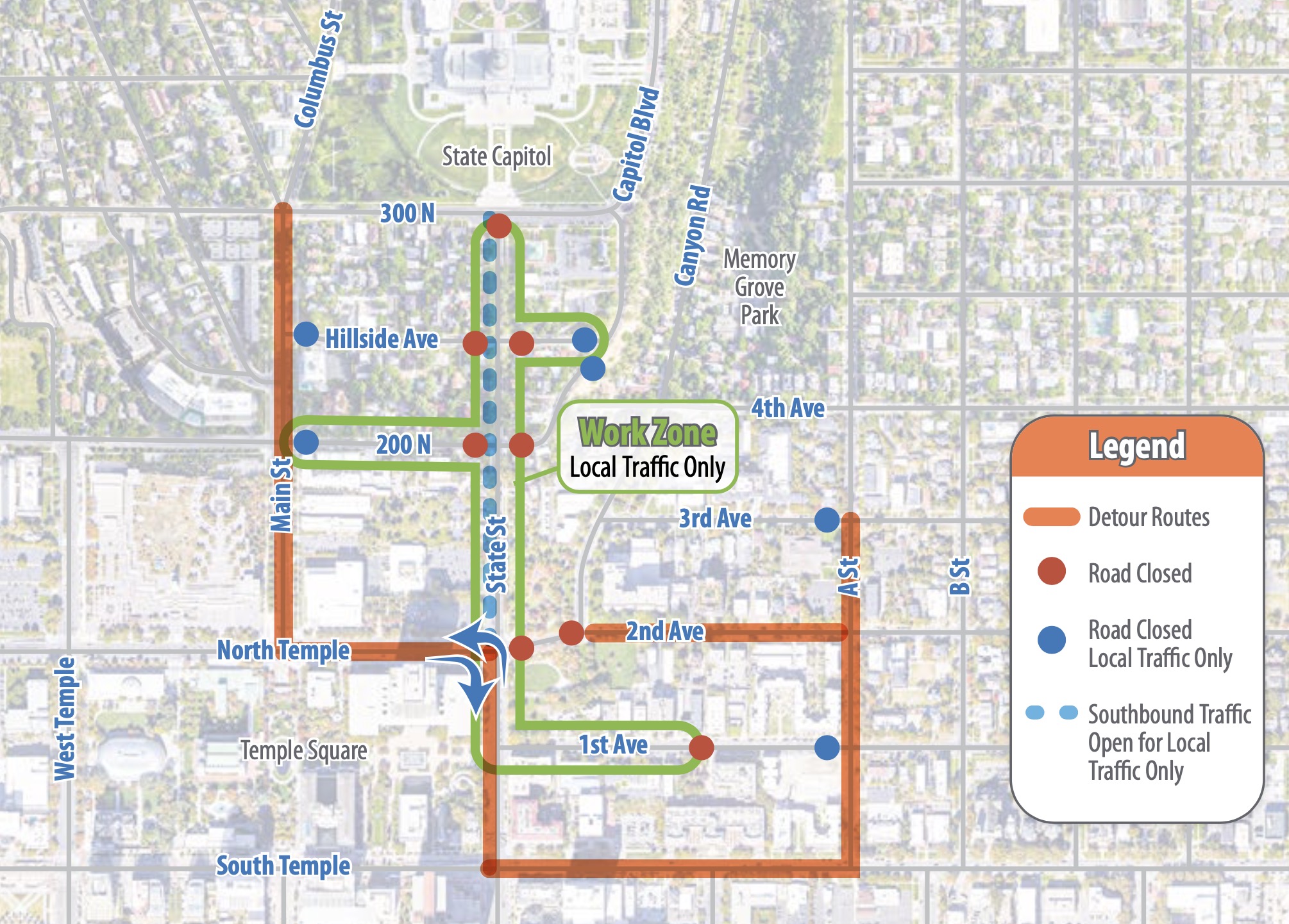 A map of detour routes around water pipe replacement construction on State Street in Salt Lake City. The closure began Monday and is expected to continue through August.