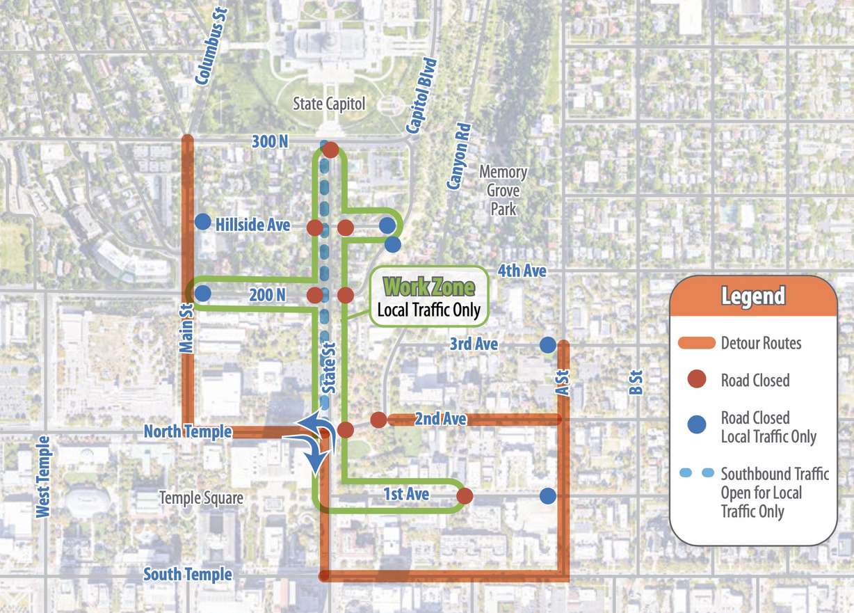 A map of detour routes around water pipe replacement construction on State Street in Salt Lake City. The closure began Monday and is expected to continue through August.