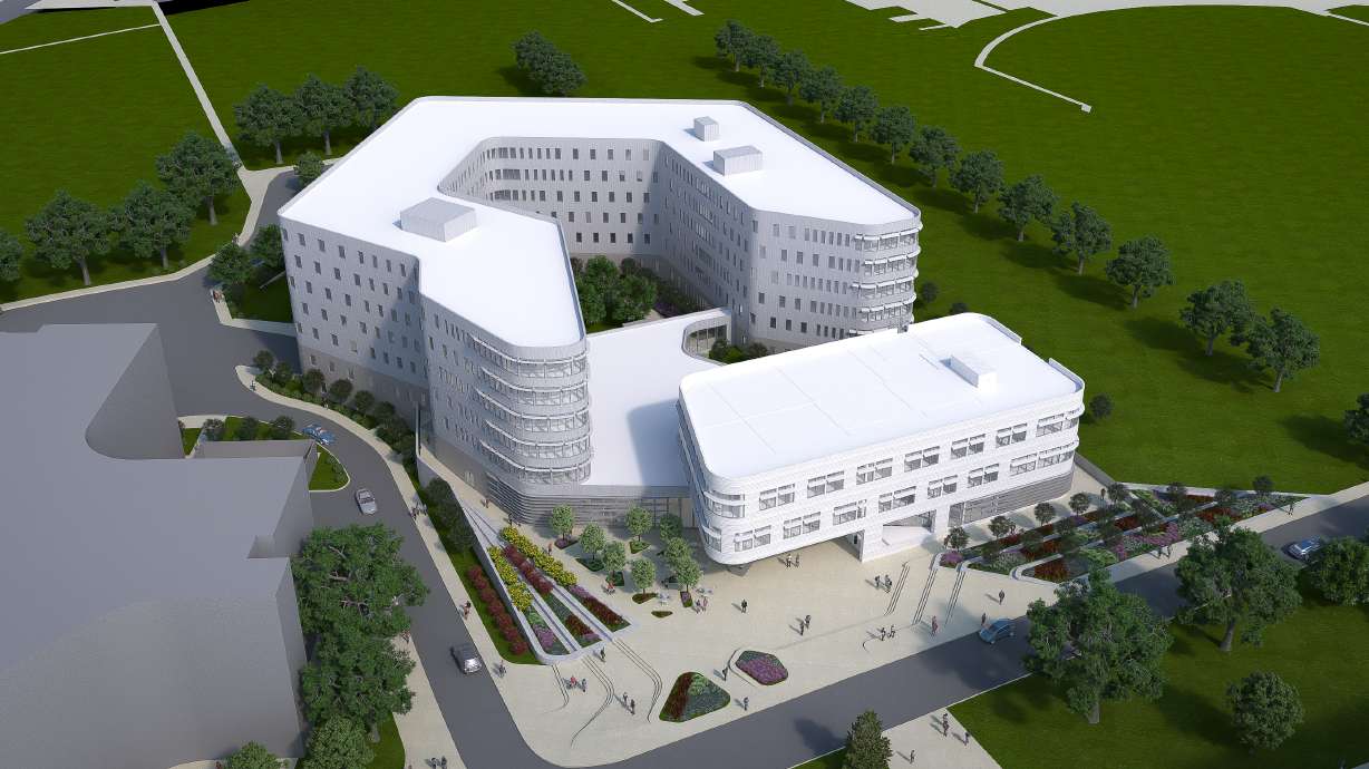 A rendering shows the Impact and Prosperity Epicenter building design. The design process is still being finalized. A new Impact and Prosperity Epicenter will break ground this summer at the University of Utah. The building will include over 400 residential units and have two research centers.