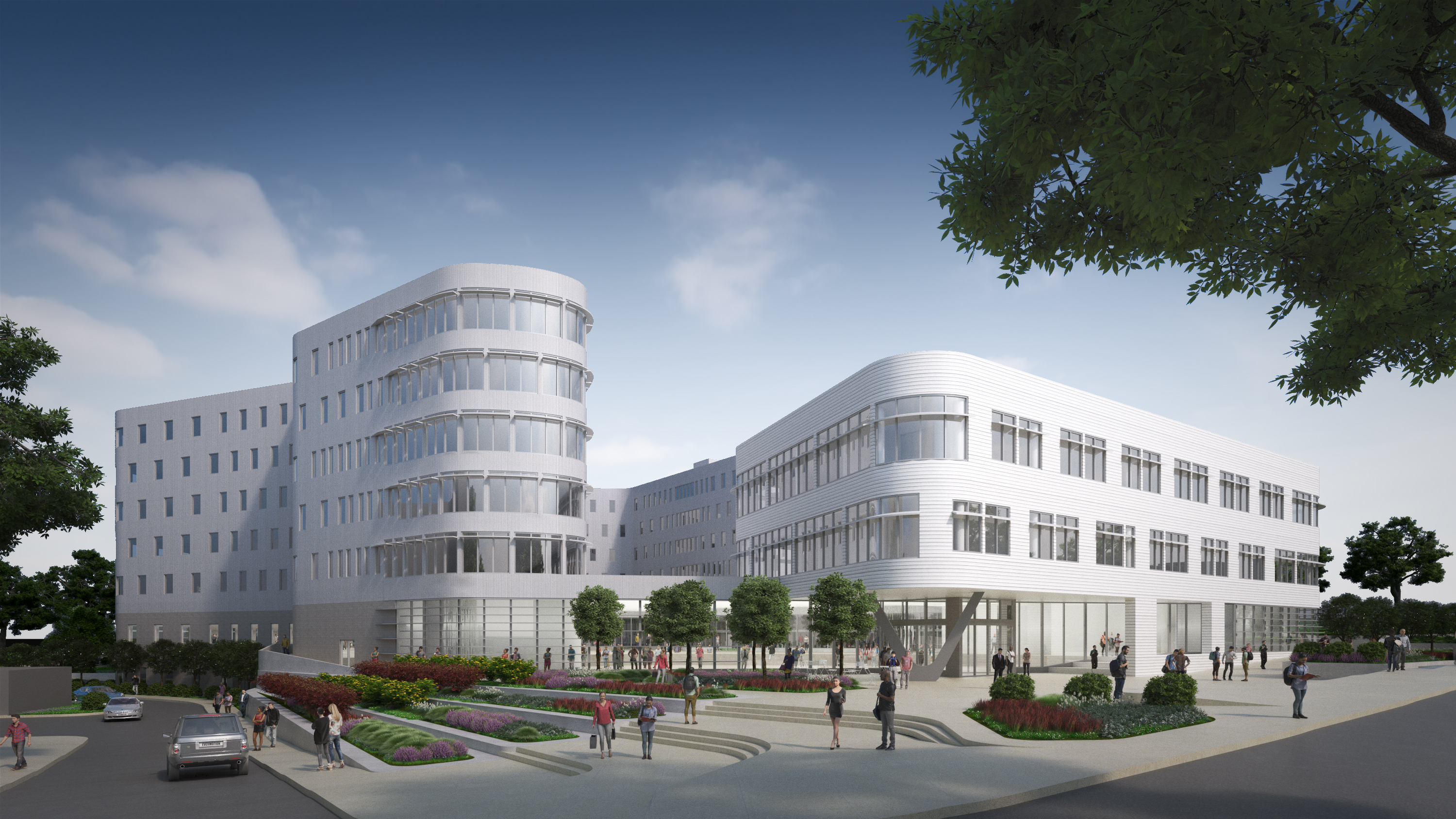 A rendering shows the Impact and Prosperity Epicenter building design. The design process is still being finalized. A new Impact and Prosperity Epicenter will break ground this summer at the University of Utah. The building will include over 400 residential units and have two research centers.