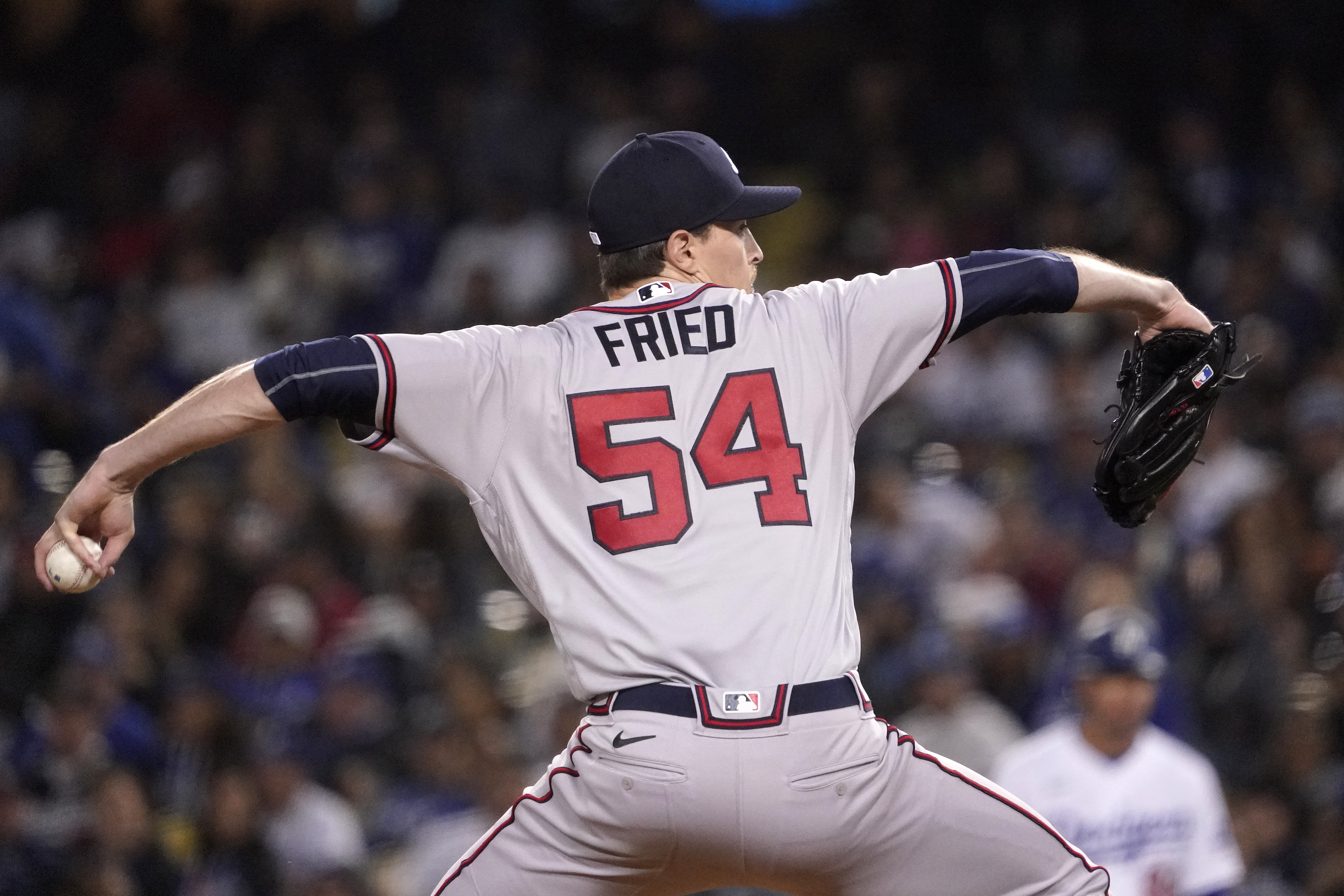 Atlanta Braves starting pitcher Max Fried throws to the plate during the sixth inning of a baseball game against the Los Angeles Dodgers Tuesday, April 19, 2022, in Los Angeles. 