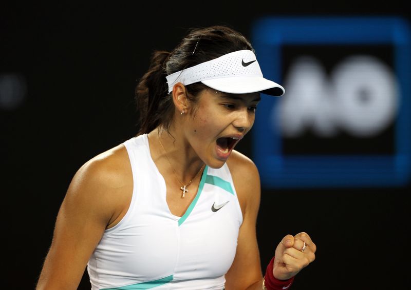 FILE PHOTO: Tennis - Australian Open - Melbourne Park, Melbourne, Australia - January 20, 2022 Britain's Emma Raducanu reacts during her second round match against Montenegro's Danka Kovinic