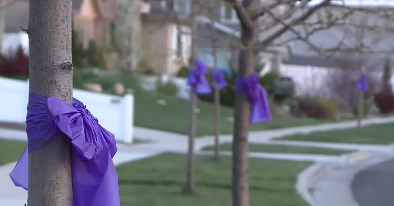 Neighbors Monday tied purple ribbons to tree trunks and left paper hearts and notes of love at the home of Steve and Lindsay Eatchel, who died in a plane crash Saturday.