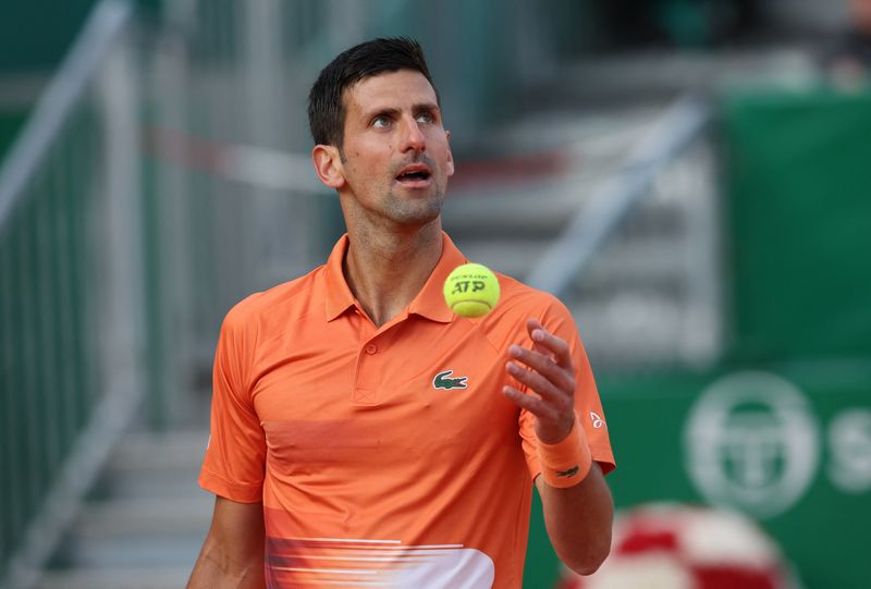 FILE PHOTO: Tennis - ATP Masters 1000 - Monte Carlo Masters - Monte-Carlo Country Club, Roquebrune-Cap-Martin, France - April 12, 2022 Serbia's Novak Djokovic during his second round match against Spain's Alejandro Davidovich Fokina