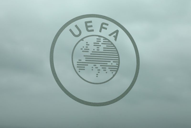 FILE PHOTO: Soccer Football - UEFA Executive Committee News Conference - Nyon, Switzerland - April 7, 2022. A UEFA logo is displayed after the news conference.