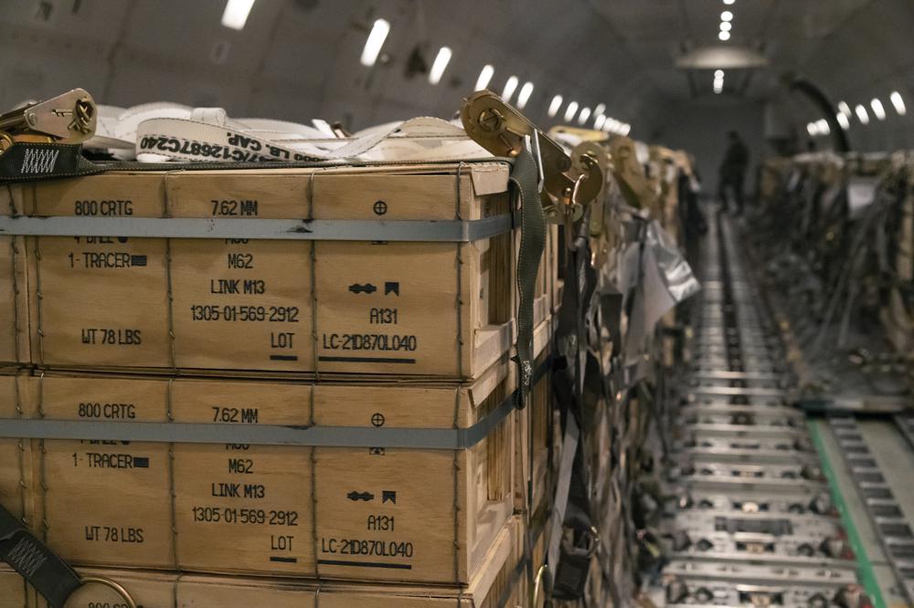 Pallets of ammunition, weapons and other equipment bound for Ukraine are loaded on a plane by members from the 436th Aerial Port Squadron at Dover Air Force Base, Del., on Jan. 30. The longer Ukraine's army fends off the invading Russians, the more it absorbs the advantages of Western weaponry and training.
