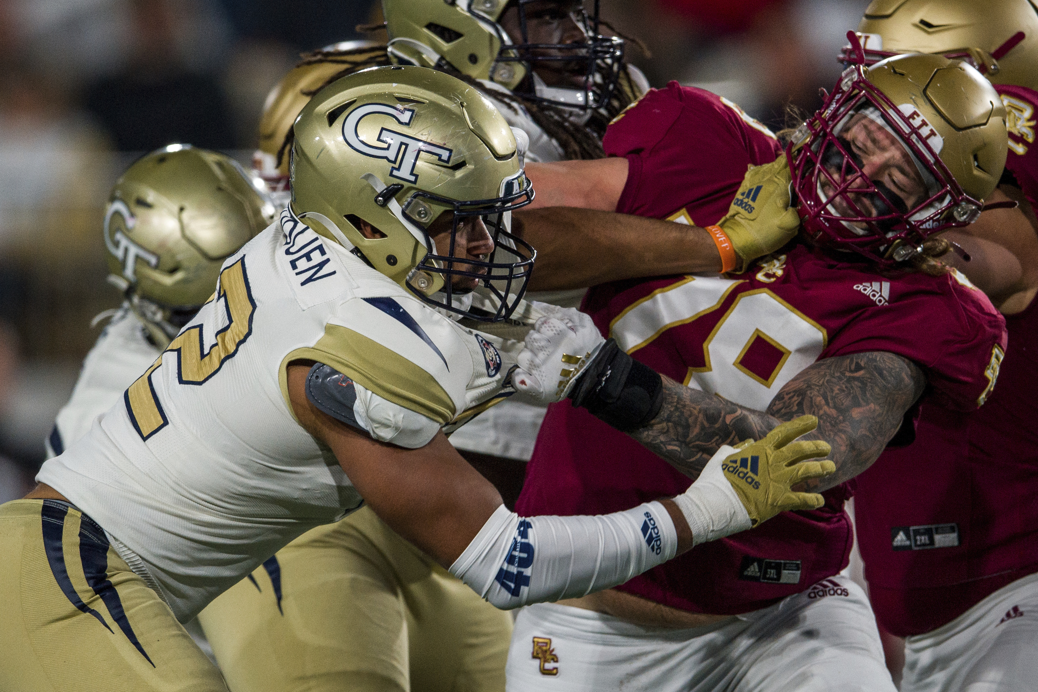 FILE - Georgia Tech defensive lineman Sylvain Yondjouen (32) works against Boston College offensive lineman Tyler Vrabel (78) during the second half of an NCAA college football game Nov. 13, 2021, in Atlanta. One player has been off limits for Tennessee Titans coach Mike Vrabel when preparing for the draft with general manager Jon Robinson: his oldest son Tyler. 